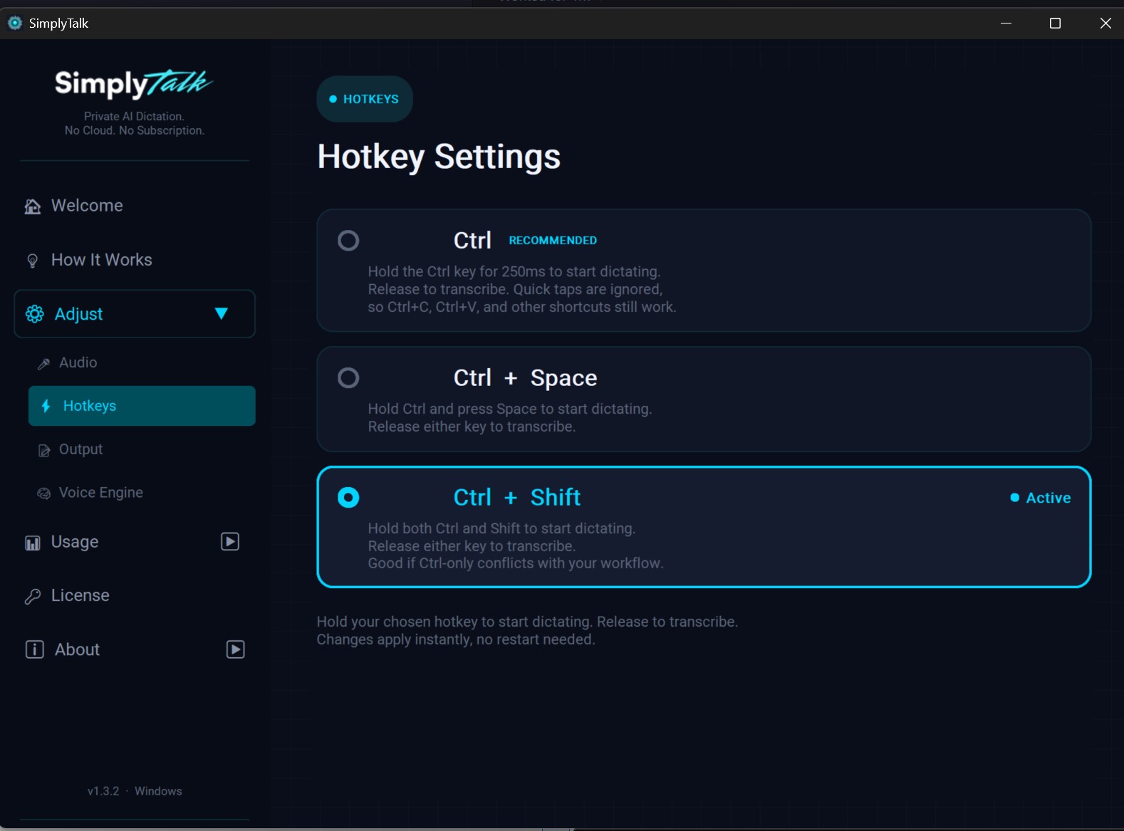 SimplyTalk hotkey configuration settings